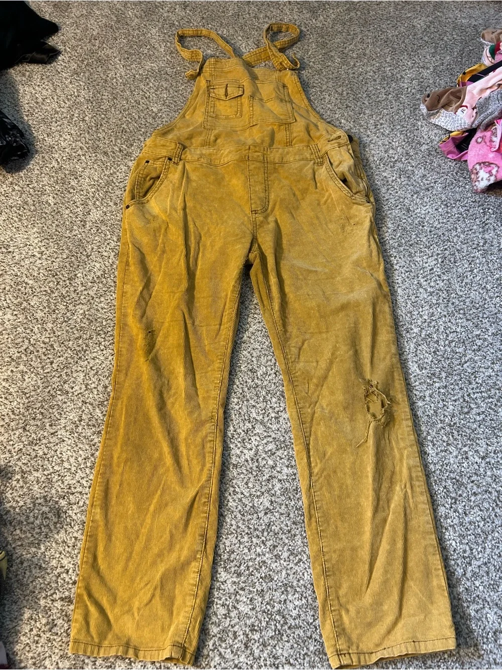 Free People Mustard Corduroy Distressed Overalls